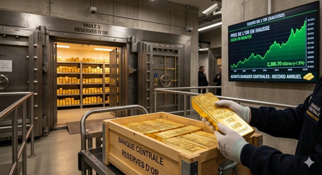 Graphique du cours de l'or en hausse et lingots dans un coffre-fort de banque centrale