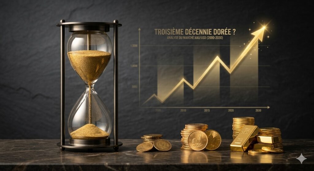 Sablier transparent se remplissant de pépites et pièces d'or à côté d'un écran affichant une courbe de croissance financière sur le long terme